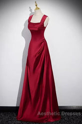 Wine Red Straps Satin Scoop Floor Length Evening Prom Dresses, Wine Red Long Evening Dresses